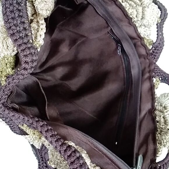 VTG, Crochet Style Retro Handmade Floral Handbag And Shoulder Bag Brown And Gold - Picture 10 of 16
